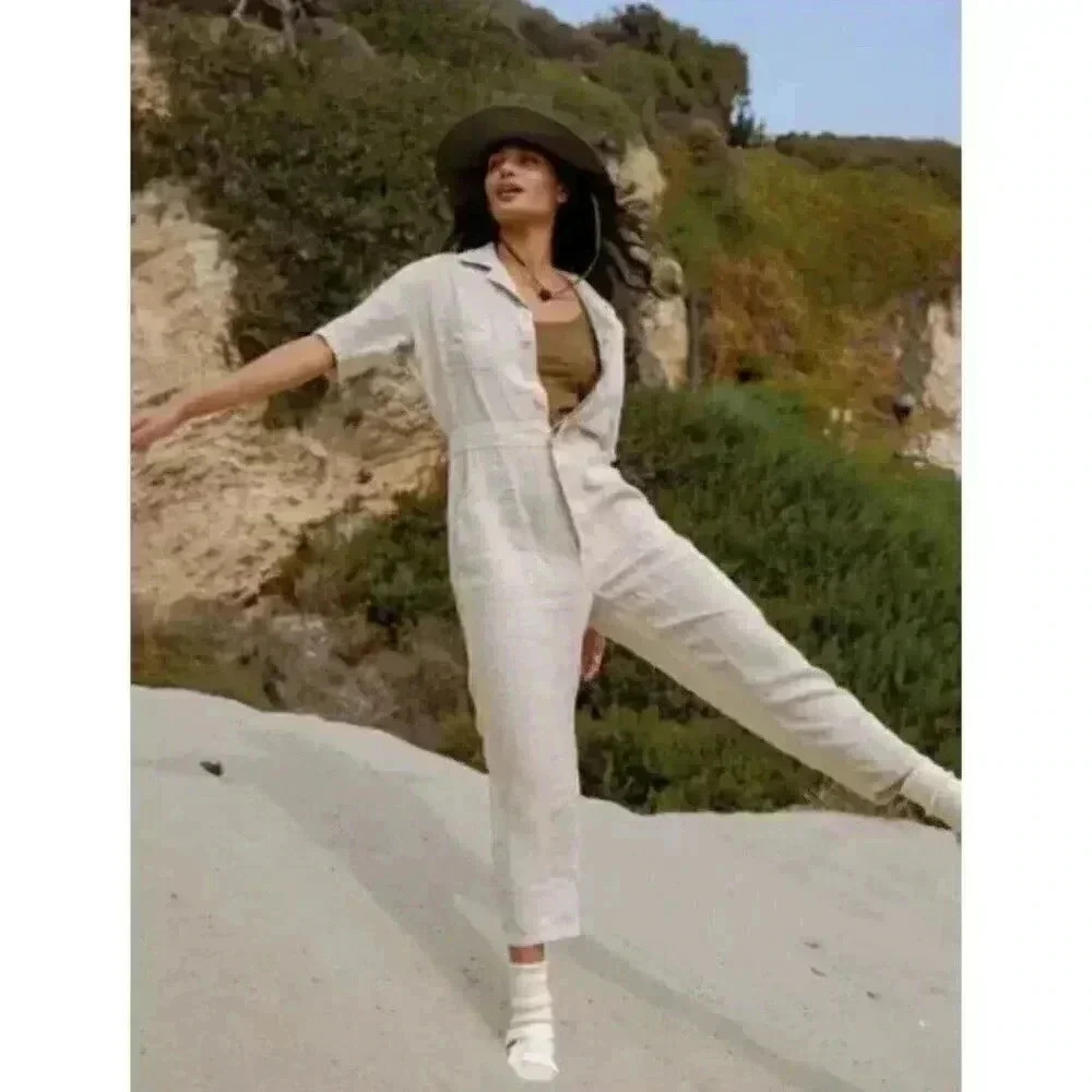 Mate The Label Women's Linen SS Jumpsuit‎ XS in Natural Cropped Organic Pockets